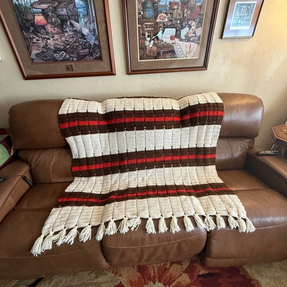 Vintage Hand Made Crocheted Afghan Red and Brown Striped Retro Throw Blanket